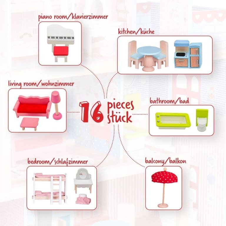 Drewniany domek dla lalek ze światłem LED, 60,5 x 71 x 32,5